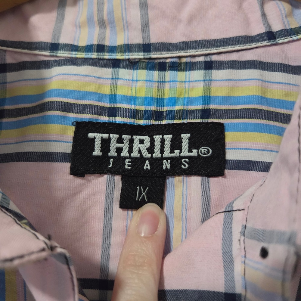 Thrill Jeans Womens 1X Pink Plaid Roll Tab Sleeve Button Up Shirt Raw Hem - Picture 4 of 6